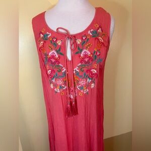 Roaman's Coral Textured Sleeveless Maxi. Gauze With Tassel Tie